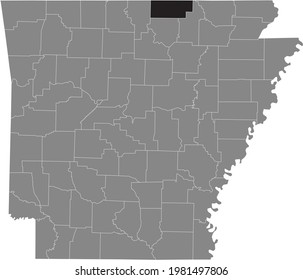 Black highlighted location map of the US Fulton county inside gray map of the Federal State of Arkansas, USA