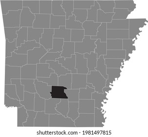 Black highlighted location map of the US Dallas county inside gray map of the Federal State of Arkansas, USA