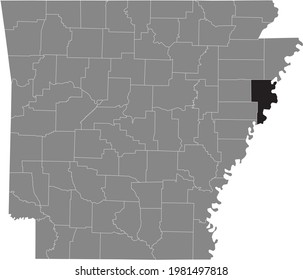 Black highlighted location map of the US Crittenden county inside gray map of the Federal State of Arkansas, USA