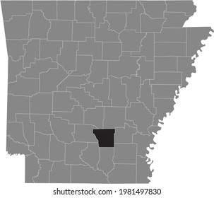 Black highlighted location map of the US Cleveland county inside gray map of the Federal State of Arkansas, USA