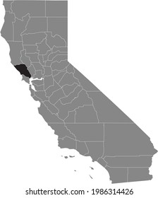 Black highlighted location map of the US Sutter county inside gray map of the Federal State of California, USA