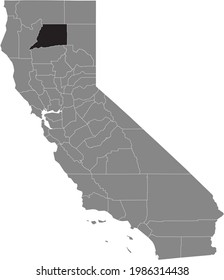 Black highlighted location map of the US Shasta county inside gray map of the Federal State of California, USA