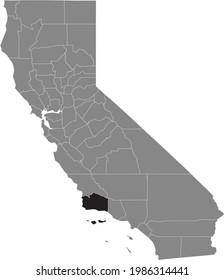 Black highlighted location map of the US Santa Barbara county inside gray map of the Federal State of California, USA