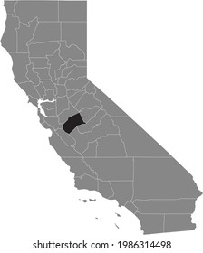 Black highlighted location map of the US Merced county inside gray map of the Federal State of California, USA