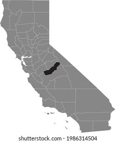 Black highlighted location map of the US Madera county inside gray map of the Federal State of California, USA