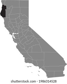 Black highlighted location map of the US Humboldt county inside gray map of the Federal State of California, USA