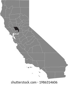 Black highlighted location map of the US Yolo county inside gray map of the Federal State of California, USA