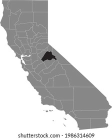 Black highlighted location map of the US Tuolumne county inside gray map of the Federal State of California, USA