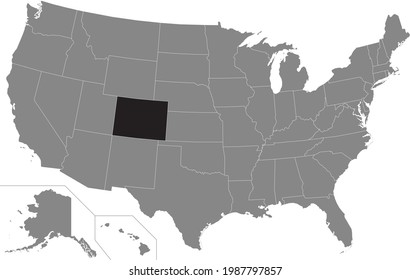 Black highlighted location map of the US Federal State of Colorado inside gray map of the United States of America