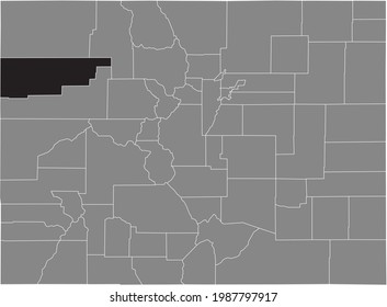 Black highlighted location map of the US Rio Blanco county inside gray map of the Federal State of Colorado, USA