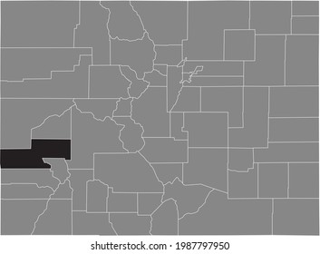 Black highlighted location map of the US Montrose county inside gray map of the Federal State of Colorado, USA