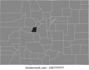 Black highlighted location map of the US Lake county inside gray map of the Federal State of Colorado, USA