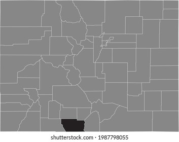 Black highlighted location map of the US Conejos county inside gray map of the Federal State of Colorado, USA