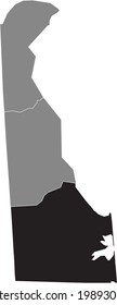 Black highlighted location map of the US Sussex county inside gray map of the Federal State of Delaware, USA