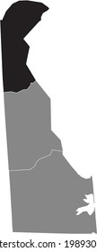 Black highlighted location map of the US New Castle county inside gray map of the Federal State of Delaware, USA