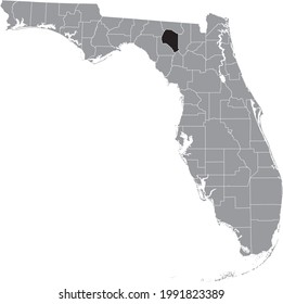 Black highlighted location map of the US Suwannee county inside gray map of the Federal State of Florida, USA