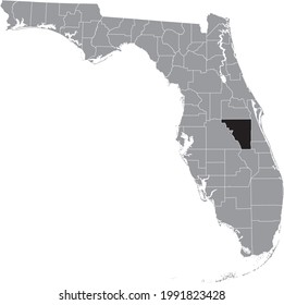Black highlighted location map of the US Osceola county inside gray map of the Federal State of Florida, USA