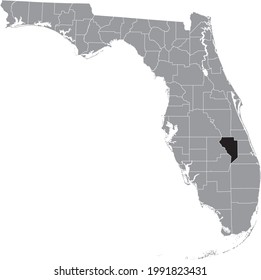 Black highlighted location map of the US Okeechobee county inside gray map of the Federal State of Florida, USA