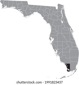 Black highlighted location map of the US Monroe county inside gray map of the Federal State of Florida, USA