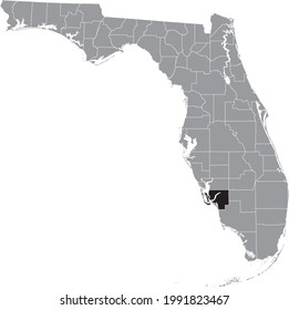 Black highlighted location map of the US Lee county inside gray map of the Federal State of Florida, USA