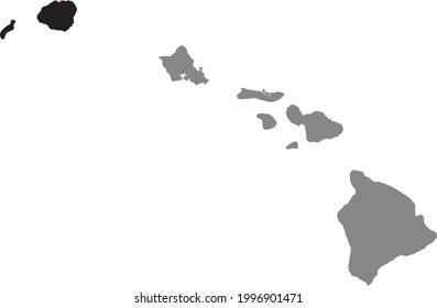 Black highlighted location map of the US Kauai county inside gray map of the Federal State of Hawaii, USA