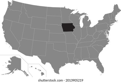 Black highlighted location map of the US Federal State of Iowa inside gray map of the United States of America