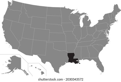 Black highlighted location map of the US Federal State of Louisiana inside gray map of the United States of America