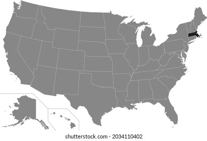 Black highlighted location map of the US Federal State of Massachusetts inside gray map of the United States of America