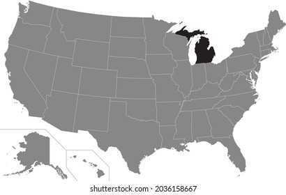 Mapa de ubicación resaltado en negro del estado federal de Michigan en el mapa gris de los Estados Unidos de América