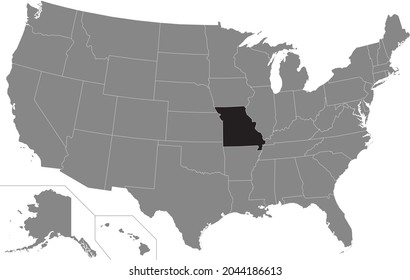 Black highlighted location map of the US Federal State of Missouri inside gray map of the United States of America