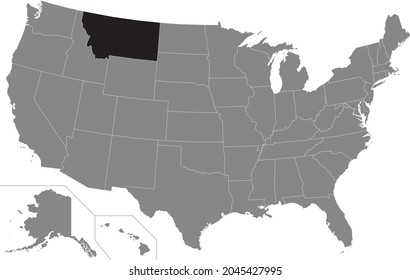 Black highlighted location map of the US Federal State of Montana inside gray map of the United States of America