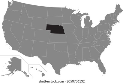 Schwarz markierte Standortkarte des US-Bundesstaates Nebraska auf der grauen Karte der Vereinigten Staaten von Amerika