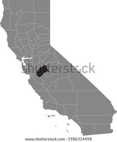 Black highlighted location map of the US Merced county inside gray map of the Federal State of California, USA