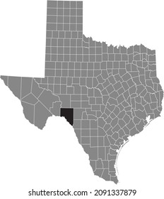 Black highlighted location map of the Val Verde County inside gray administrative map of the Federal State of Texas, USA
