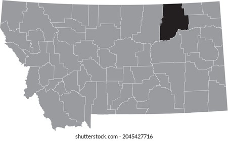 Black highlighted location map of the Valley County inside gray map of the Federal State of Montana, USA