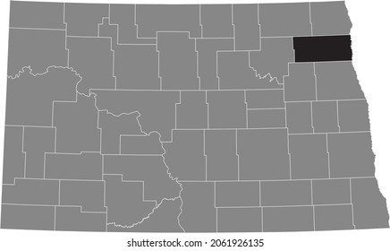 Black highlighted location map of the Walsh County inside gray administrative map of the Federal State of North Dakota, USA