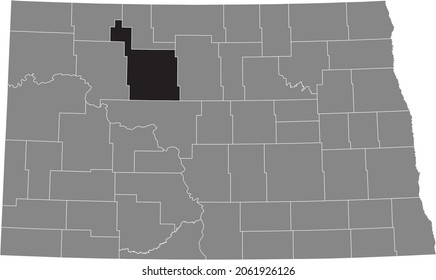 Black highlighted location map of the Ward County inside gray administrative map of the Federal State of North Dakota, USA