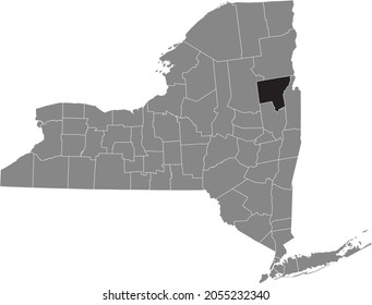 Black highlighted location map of the Warren County inside gray map of the Federal State of New York, USA
