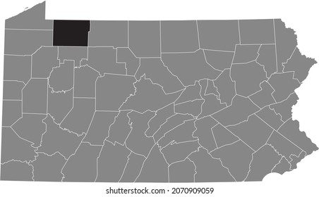 Black highlighted location map of the Warren County inside gray administrative map of the Federal State of Pennsylvania, USA