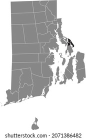 Black highlighted location map of the Warren inside gray administrative map of the Federal State of Rhode Island, USA