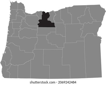 Black highlighted location map of the Wasco County inside gray administrative map of the Federal State of Oregon, USA