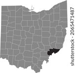 Black highlighted location map of the Washington County inside gray administrative map of the Federal State of Ohio, USA