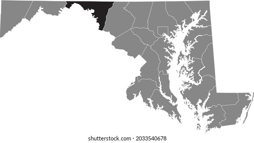 Black highlighted location map of the Washington County inside gray map of the Federal State of Maryland, USA