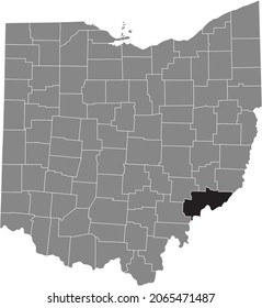 Black highlighted location map of the Washington County inside gray administrative map of the Federal State of Ohio, USA