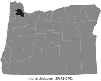 Black highlighted location map of the Washington County inside gray administrative map of the Federal State of Oregon, USA