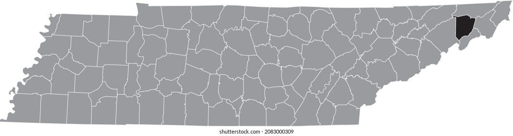 Black highlighted location map of the Washington County inside gray administrative map of the Federal State of Tennessee, USA