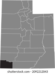 Black highlighted location map of the Washington County inside gray administrative map of the Federal State of Utah, USA