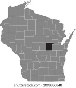 Black highlighted location map of the Waupaca County inside gray administrative map of the Federal State of Wisconsin, USA