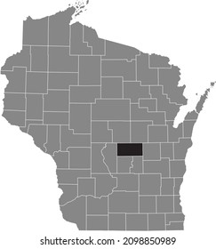 Black highlighted location map of the Waushara County inside gray administrative map of the Federal State of Wisconsin, USA