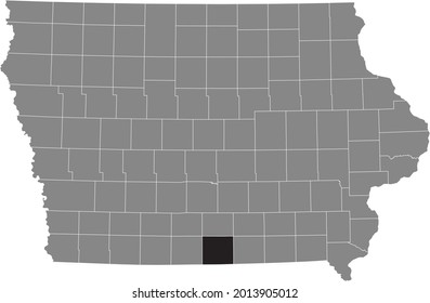 Black highlighted location map of the Wayne County inside gray map of the Federal State of Iowa, USA